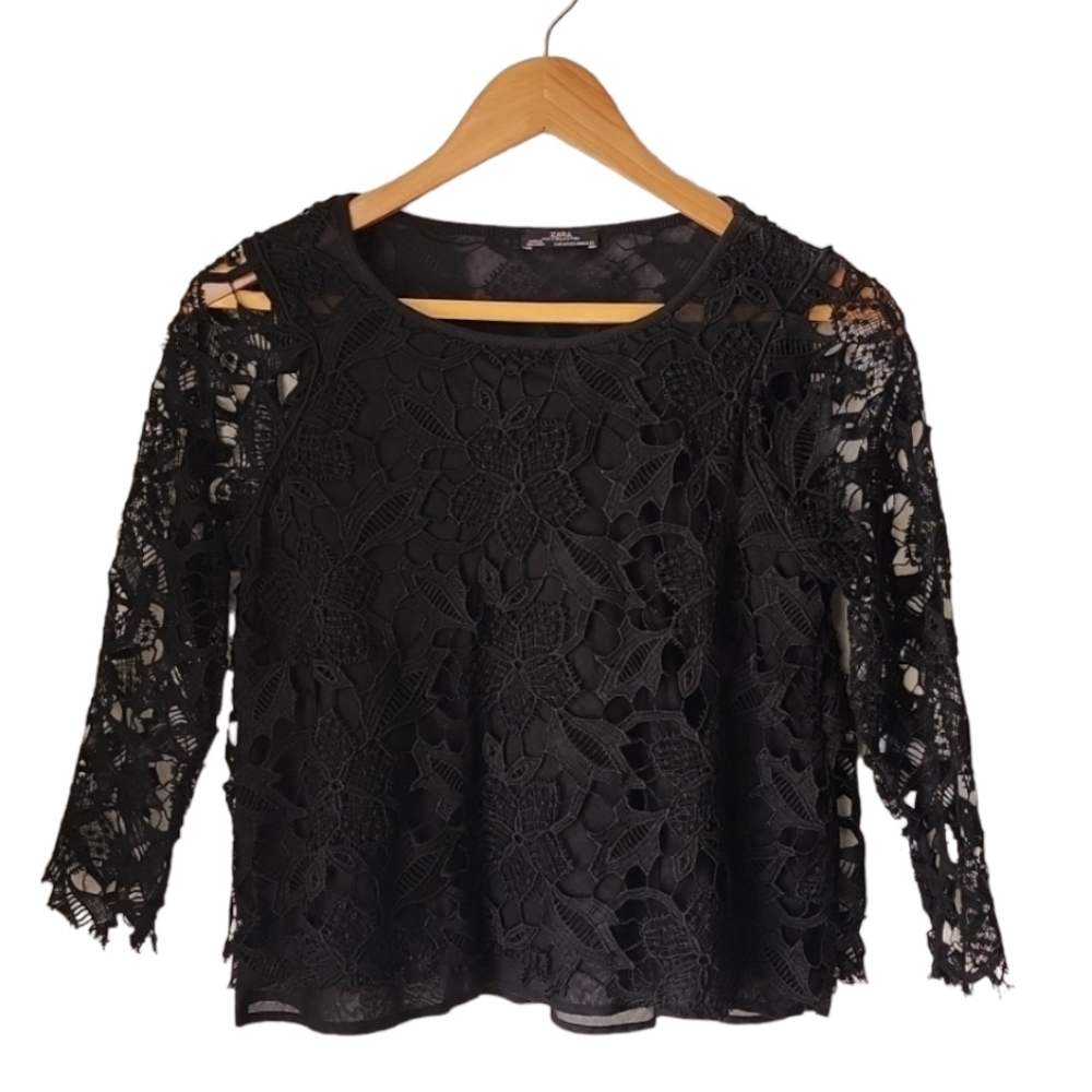 ZARA Black Crochet Lace Crop Top M Sheer Gothic Boho Punk Festival 3/4 Sleeve - Picture 7 of 15